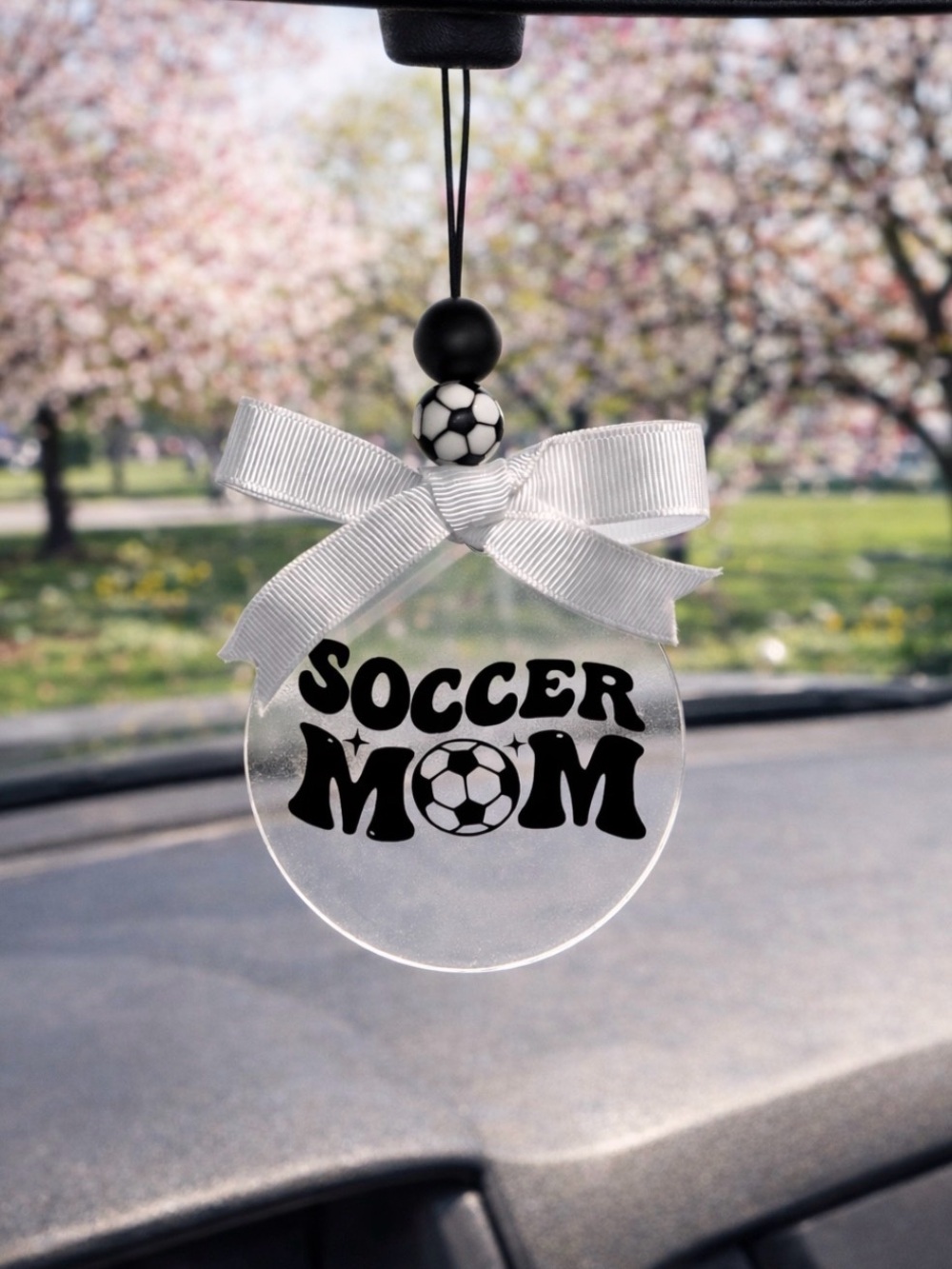 Soccer Mom Car Charm Ornament - White and Black